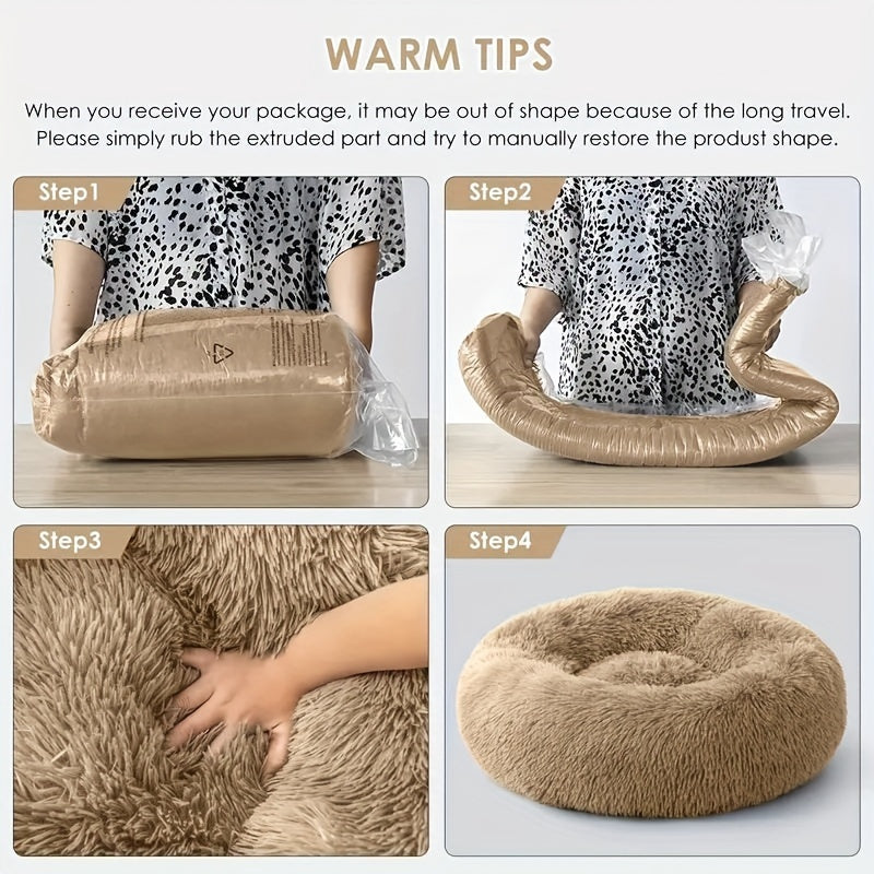 Plush Donut Dog Bed - Soft, Calming Circular Cushion