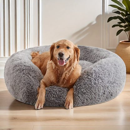 Plush Donut Dog Bed - Soft, Calming Circular Cushion