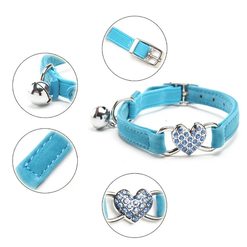 Heart Charm and Bell Cat Collar - Soft Velvet & Safety Elastic - PetNatureLove