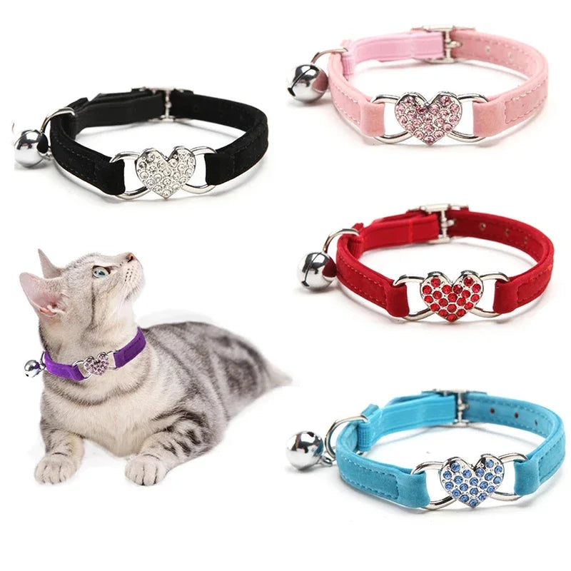 Heart Charm and Bell Cat Collar - Soft Velvet & Safety Elastic - PetNatureLove